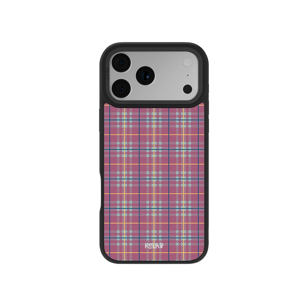 Mullberry Hue mauve and teal plaid phone case by KELAB with denim-inspired pattern, fits iPhone 11 to 17 models. Stylish mobile accessory for bold looks.