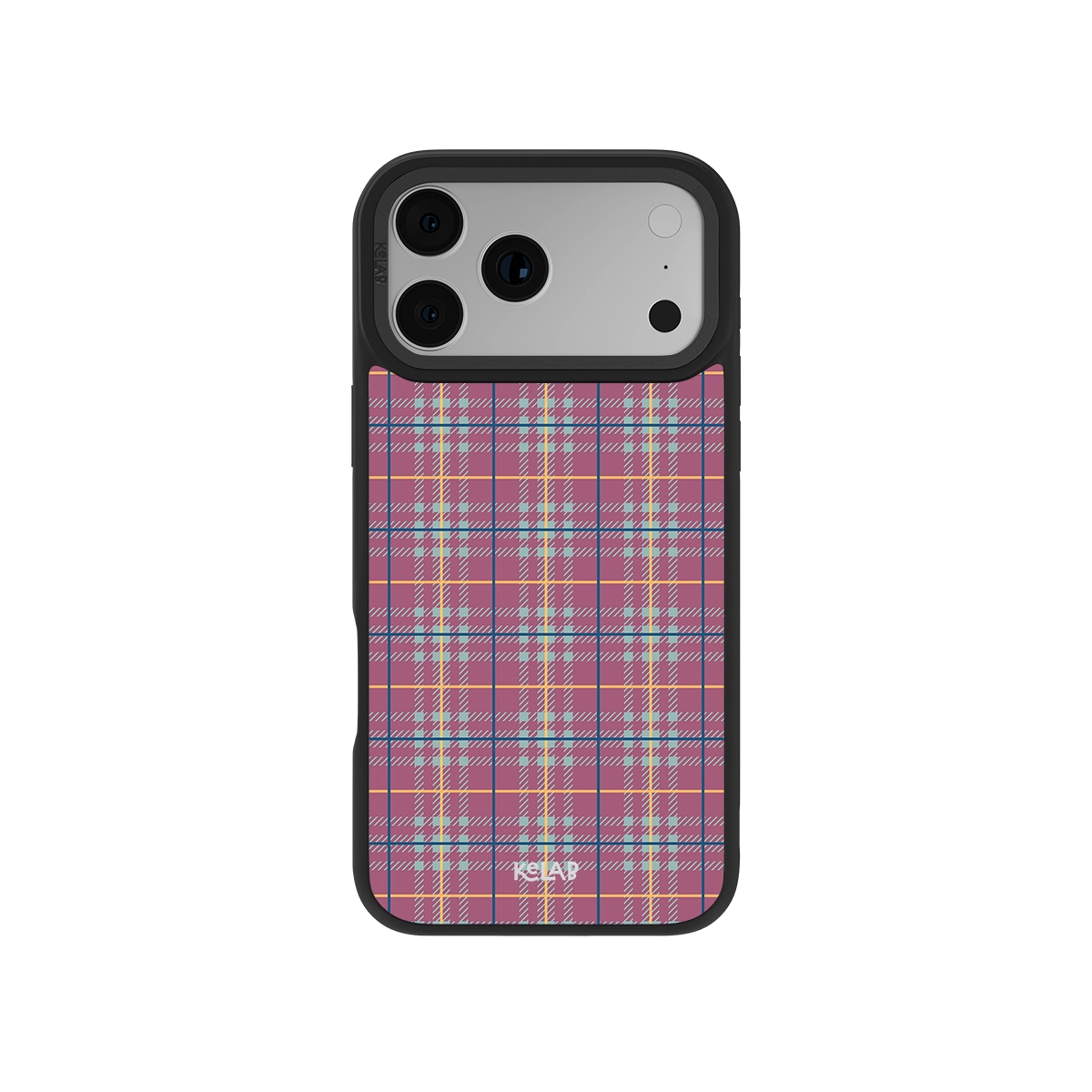 Mullberry Hue mauve and teal plaid phone case by KELAB with denim-inspired pattern, fits iPhone 11 to 17 models. Stylish mobile accessory for bold looks.