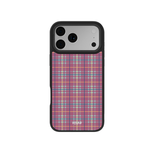 Mullberry Hue mauve and teal plaid phone case by KELAB with denim-inspired pattern, fits iPhone 11 to 17 models. Stylish mobile accessory for bold looks.