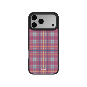 Mullberry Hue mauve and teal plaid phone case by KELAB with denim-inspired pattern, fits iPhone 11 to 17 models. Stylish mobile accessory for bold looks.