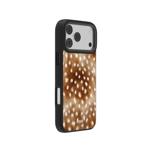 Side view of Fawn & Deer Print Cottagecore iPhone Case showing slim profile and earthy animal print design for a soft girl aesthetic.