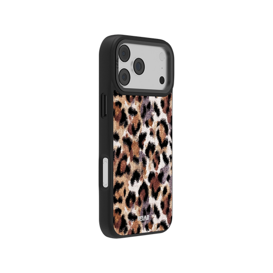 Sahara Plush Cheetah Print iPhone Case featuring a bold fur texture and sleek black edges for a fashionable, secure grip.