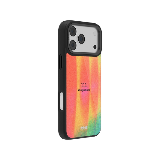 Side view of Angel Number 111 iPhone case showcasing colorful abstract gradient and slim protective profile with spiritual design.