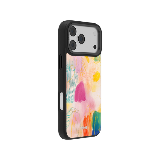 Side view of KELAB Abstract Design Art iPhone Case showing vibrant hand-drawn crayon textures and sleek black bumper for stylish protection.