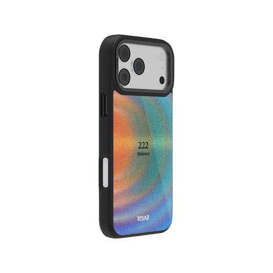 Side view of Angel Number 222 iPhone Case showing colorful abstract gradient and slim black bumper for stylish, protective fit.