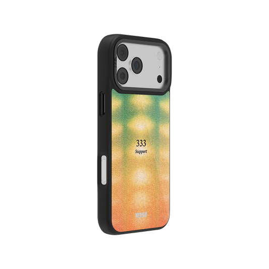 Side view of Angel Number 333 iPhone Case showing colorful abstract gradient and minimal text design with durable black bumper edges.