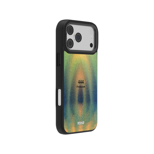 Side view of Angel Number 444 iPhone Case showing colorful abstract gradient and slim protective profile with spiritual design.
