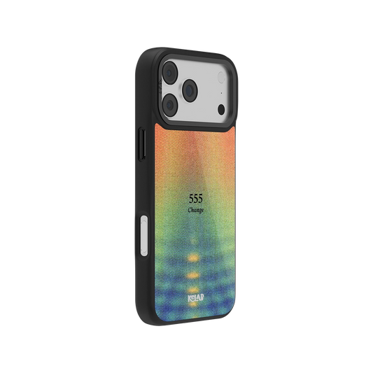 Side view of Angel Number 555 iPhone Case showing colorful abstract gradient and minimal text design, ideal for Y2K and retro aesthetic lovers.