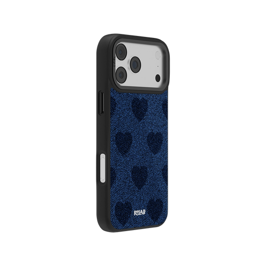 Side view of Indigo Crush Denim Heart Y2K iPhone Case showcasing slim profile, blue denim heart design, and durable black bumper edges.