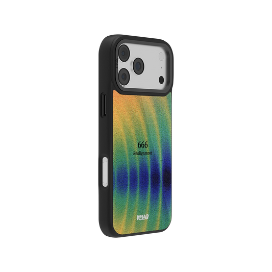 Side view of Angel Number 666 iPhone Case showing colorful abstract gradient and minimal text design with durable black bumper edges.