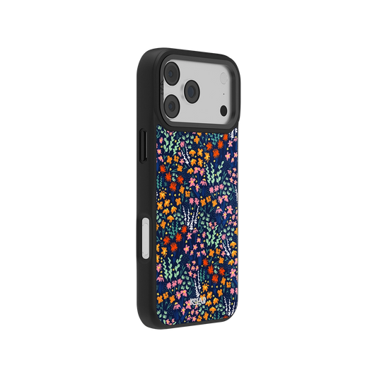 Colorful floral Midnight Meadow Phone Case in navy, featuring side view of slim, durable design with vivid wildflower pattern.