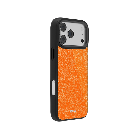 Side view of Stipple Electric Orange iPhone Case featuring vibrant orange speckled texture and durable black frame for stylish protection.