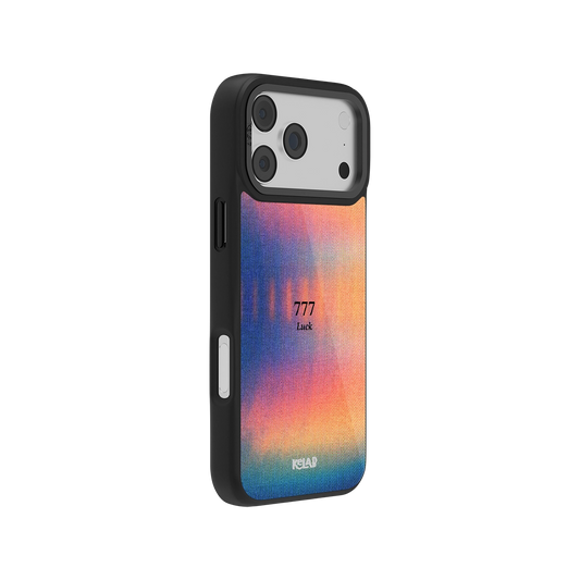 Side view of Angel Number 777 iPhone Case showing colorful retro gradient and slim profile, blending Y2K and spiritual design elements.