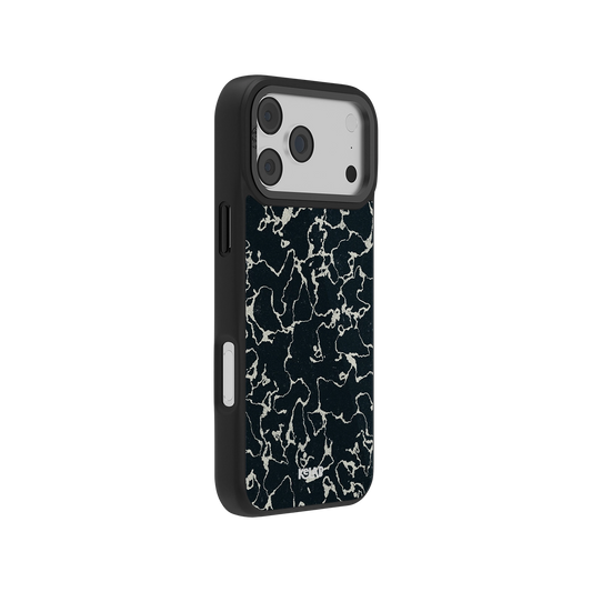 Side view of KELAB's Abstract Black Marble iPhone Case showing slim profile and precise cutouts. Elegant and protective phone accessory.