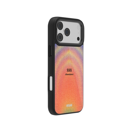 Side view of Angel Number 888 iPhone Case showing colorful abstract gradient and minimal text design with durable black bumper edges.