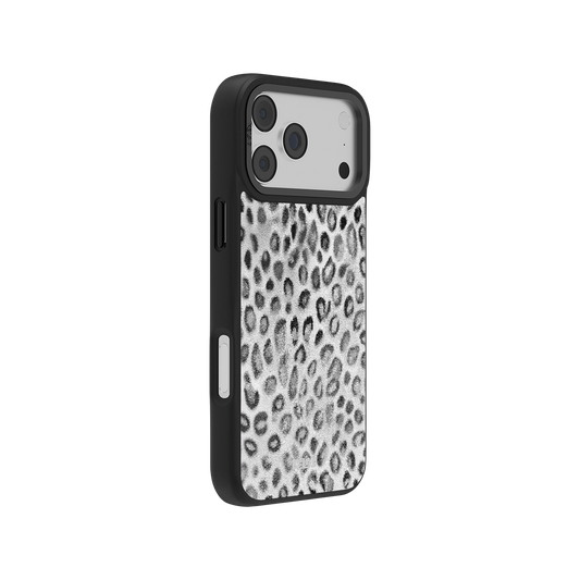 Side view of Silver Leopard Print iPhone Case showing sleek profile, metallic animal pattern, and durable black frame.