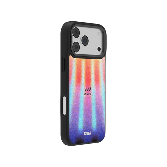 Side view of Angel Number 999 iPhone Case showing colorful abstract gradient and minimal text design with durable black bumper edges.