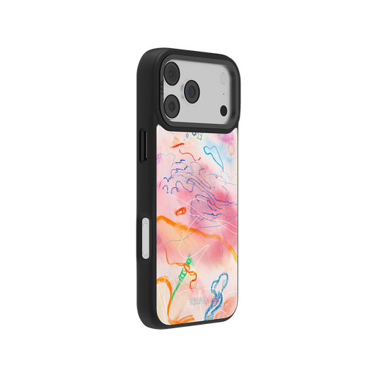 Side view of Abstract Art Phone Case featuring vivid scribble design and hand-drawn style on a classic iPhone case with black bumper.