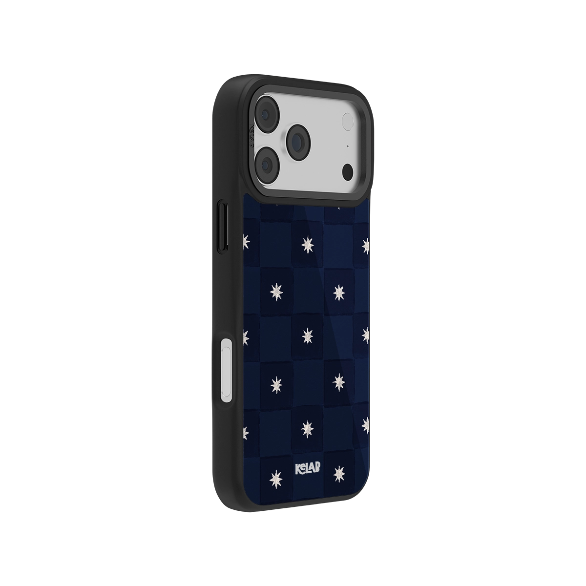 Classic Navy Checkered iPhone Case with celestial star pattern and black bumper edges, combining minimalist goth and modern nautical aesthetics.