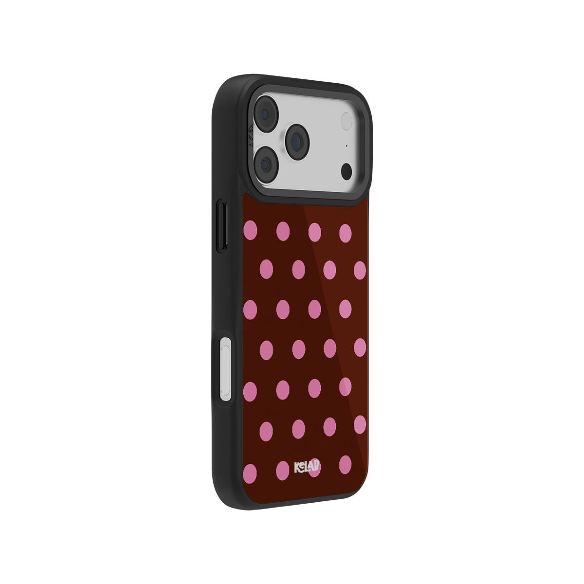 Stylish brown polka dot phone case with pink spots, durable material, designed for protection and style.