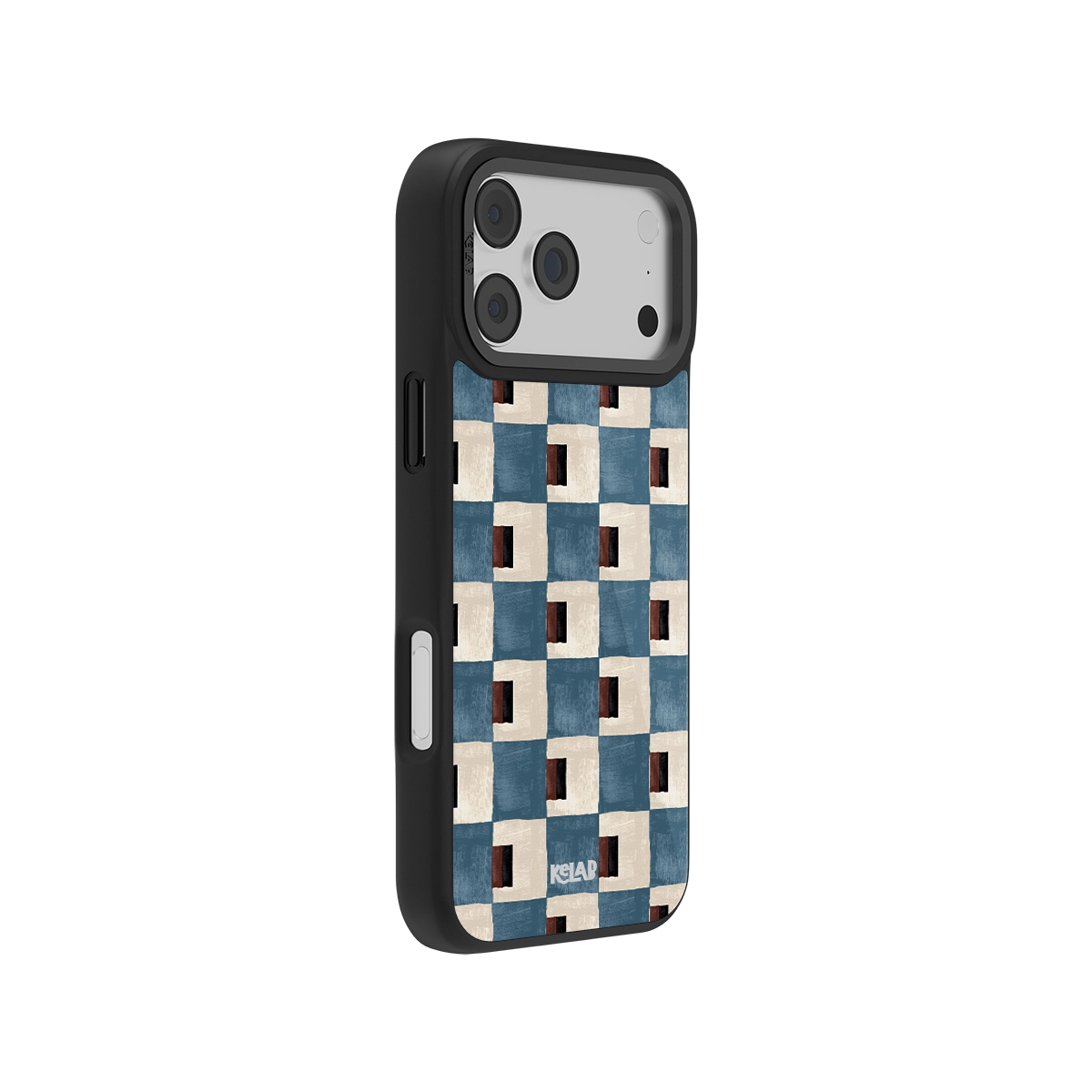 Stylish blue and beige patterned phone case with durable black edges, designed for protection and style.