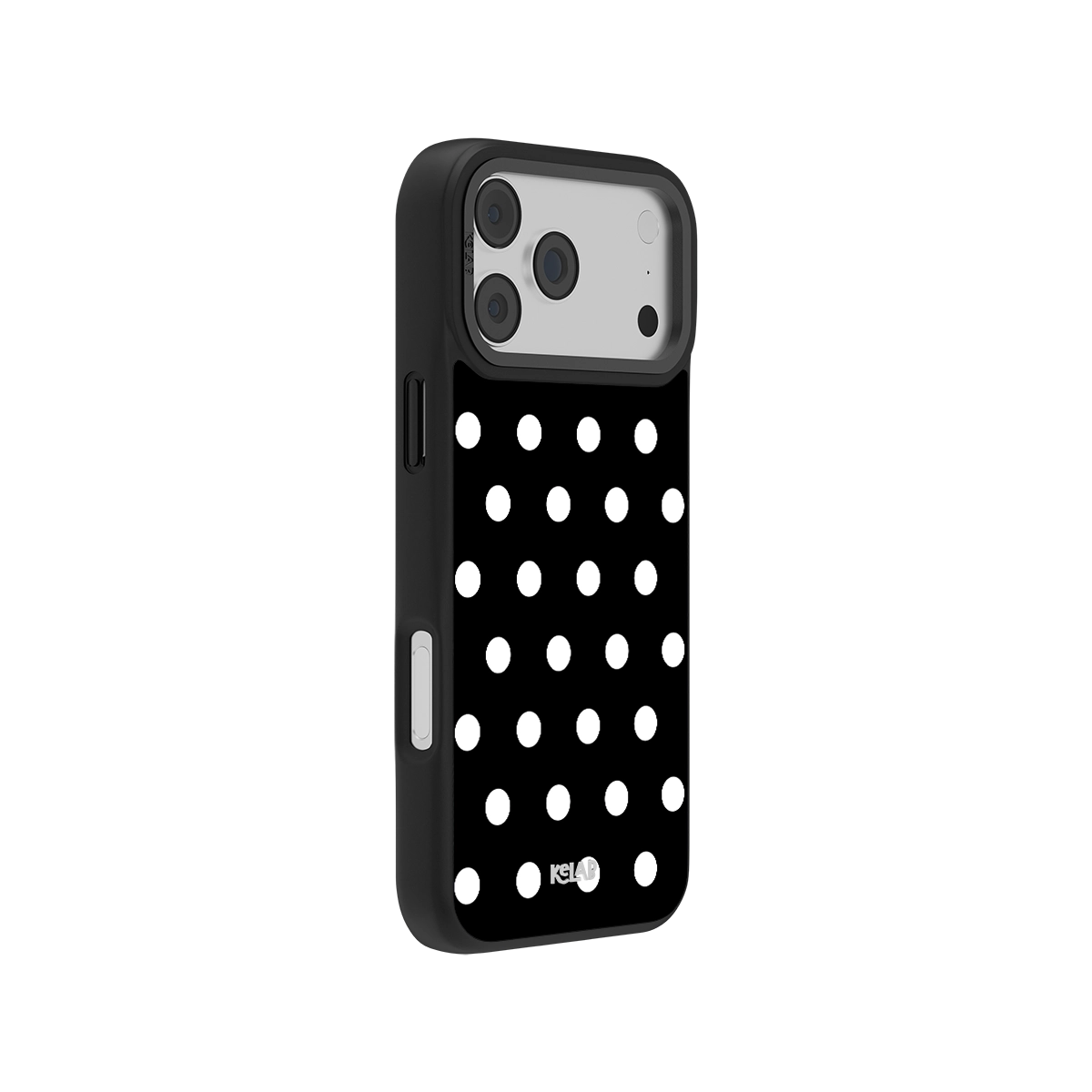 Black polka dot phone case for iPhone, durable material with slim profile and precise cutouts.