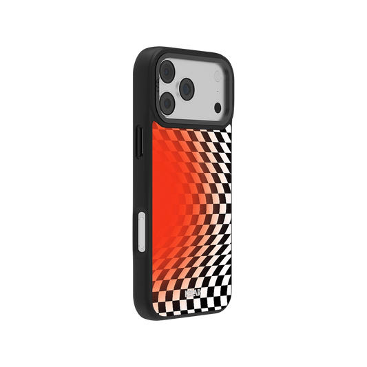 Red and black checkered phone case with a glossy finish, designed for protective durability.
