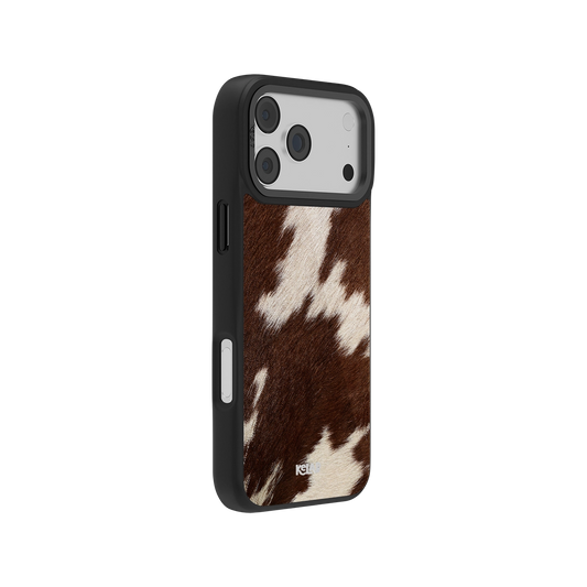 Brown cowhide phone case with black edges for iPhone, stylish and durable protection.