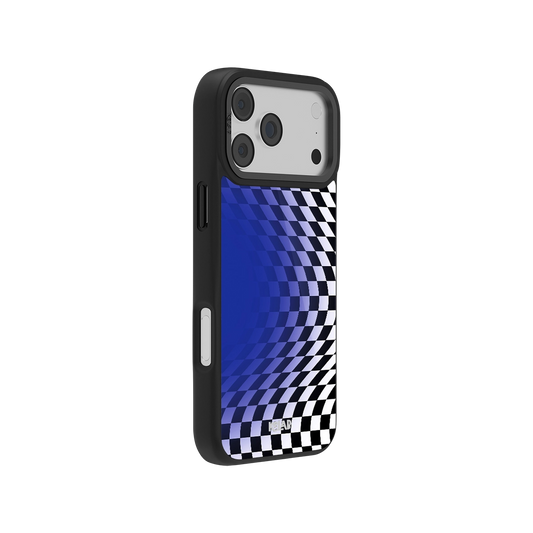 Stylish checkered pattern phone case in blue and black, designed for protection and durability.