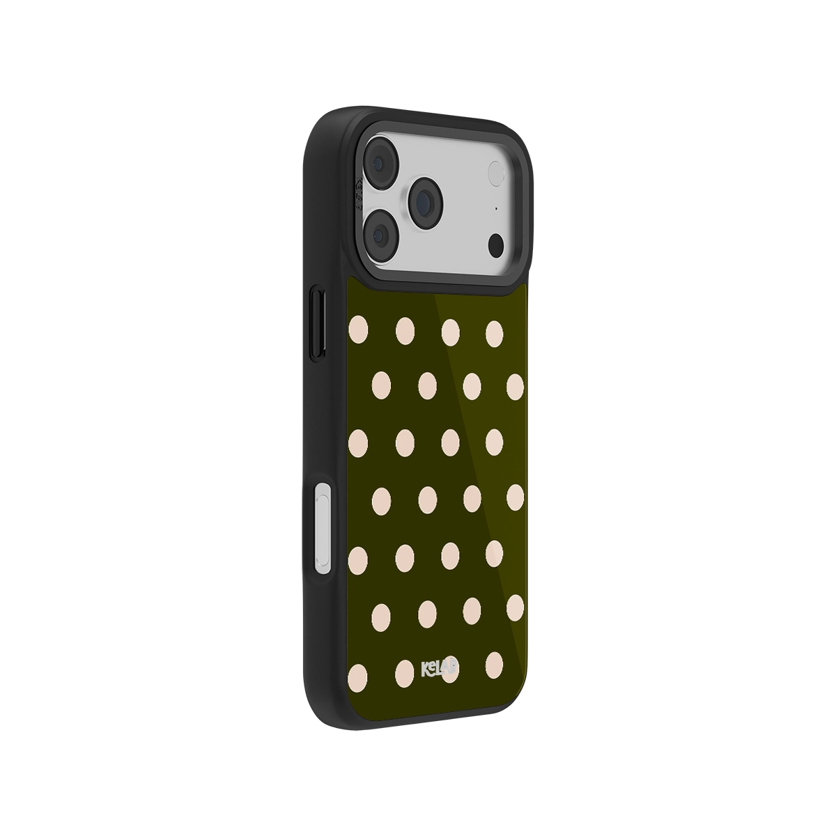 Olive green polka dot iPhone case with black edges, durable material for protection and style.