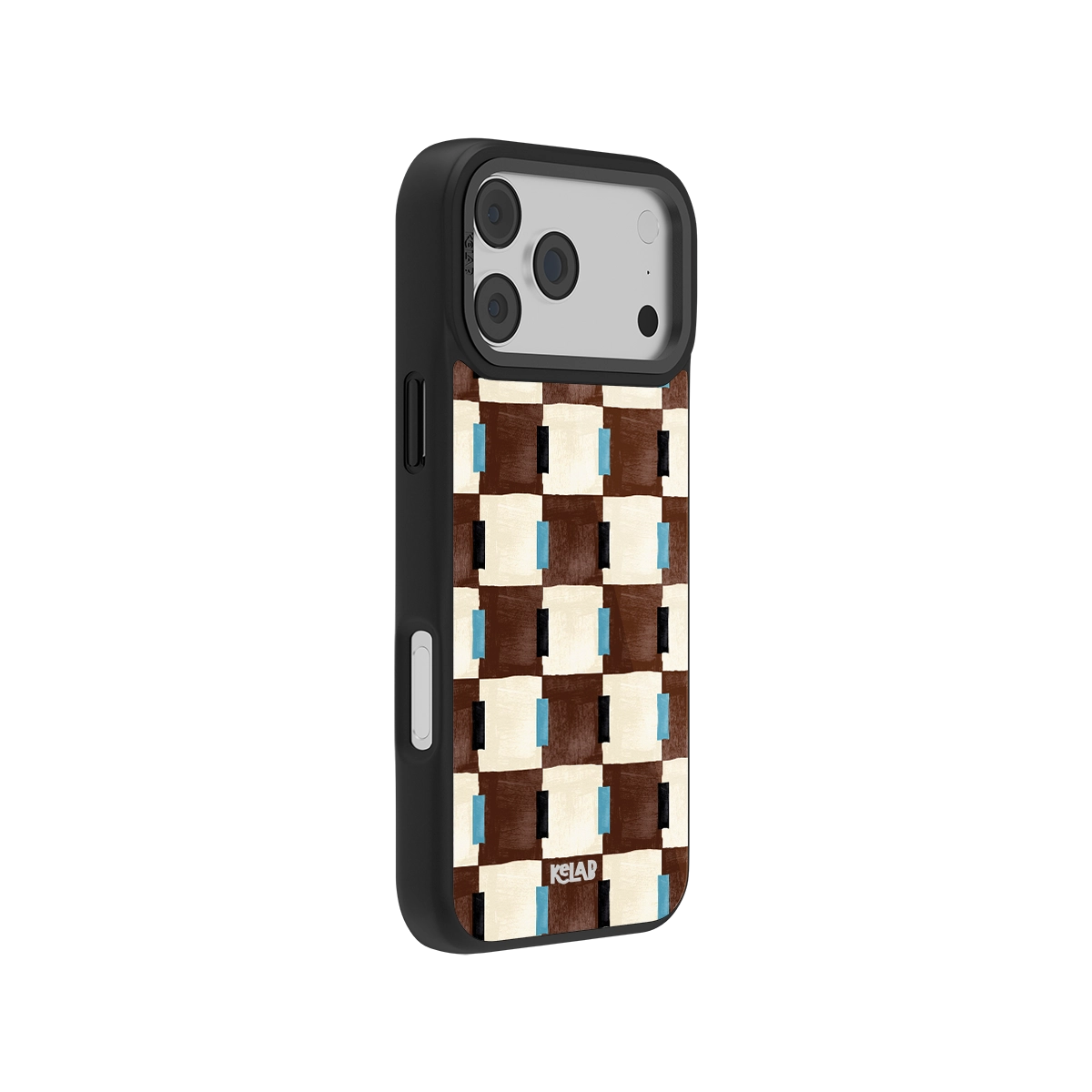 Stylish woven design iPhone case in brown, cream, and blue. Durable material with secure fit.