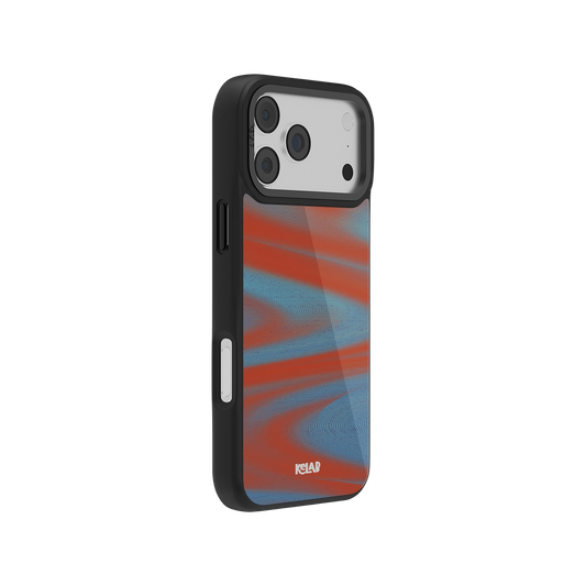 Black phone case with colorful red and blue swirl design, durable material for protection.