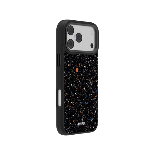 Black galaxy-themed phone case with sturdy material for protection and unique speckled design.