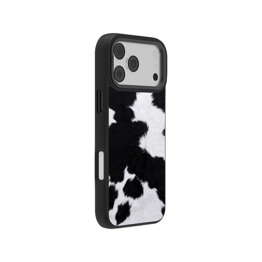 Black and white cow print iPhone case, made with durable materials for stylish protection.