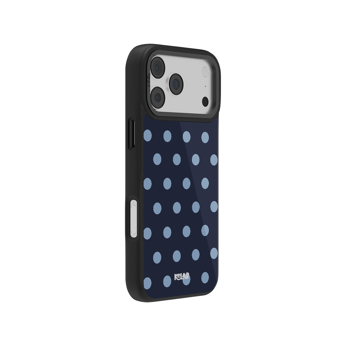 Navy polka dot iPhone case with durable black edges, offering stylish protection for your device.