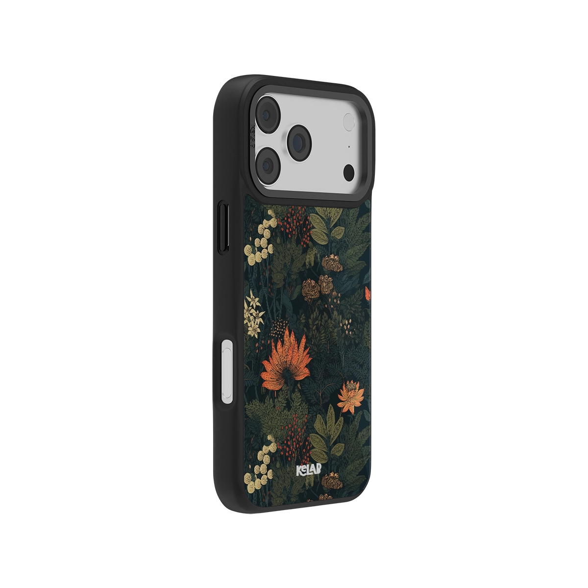 Elderberry Enchantment dark academia floral phone case by KELAB featuring a moody botanical design with autumnal flowers and foliage on a black base.