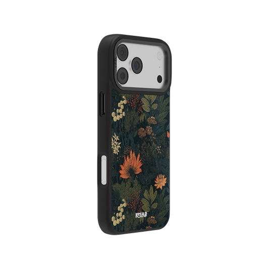 Elderberry Enchantment dark academia floral phone case by KELAB featuring a moody botanical design with autumnal flowers and foliage on a black base.