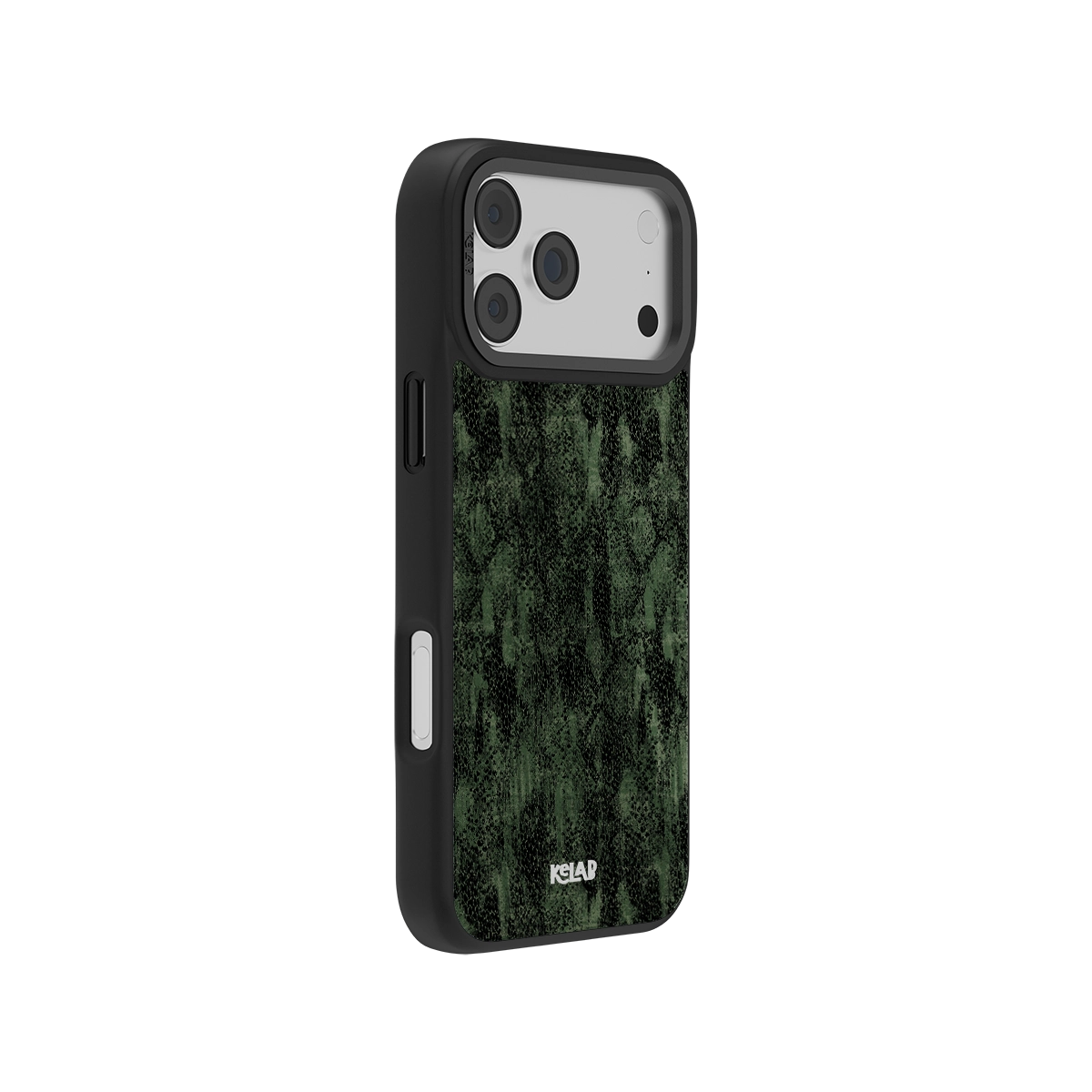 Emerald Python textured olive snakeskin phone case by KELAB with a rugged green pattern, designed for iPhone 11 to 17 models.
