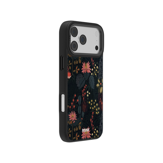 Starlit Botanica Dark Academia floral phone case by KELAB with denim tree patterned design, fits iPhone 11–17, featuring vintage-inspired flowers.