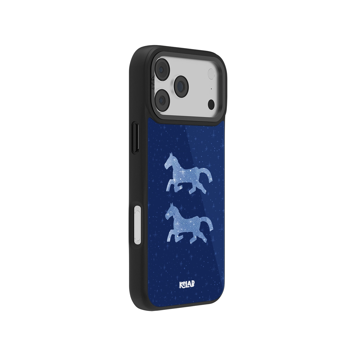 Pegasus Night blue horse phone case with starry sky design, featuring two galloping horses on a dark blue background for a mystical, celestial look.