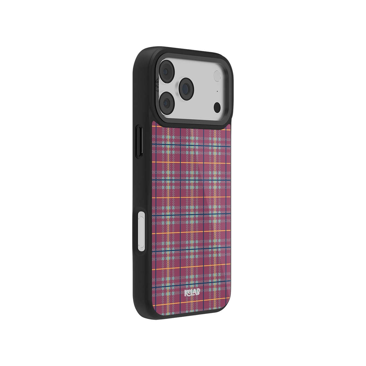 Mullberry Hue mauve and teal plaid phone case by KELAB with denim-inspired pattern. Classic protective case fits iPhone 11 to 17 models.