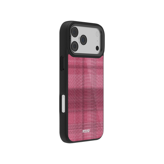 Stylish pink textured iPhone case with black edges, offering protection and a modern look.