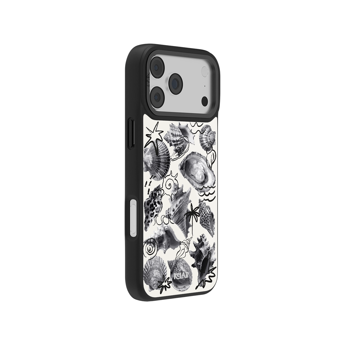 Seashell Sketch Phone Case in black and white featuring detailed oyster, pearl, and coral illustrations for a coastal, nautical mobile accessory.