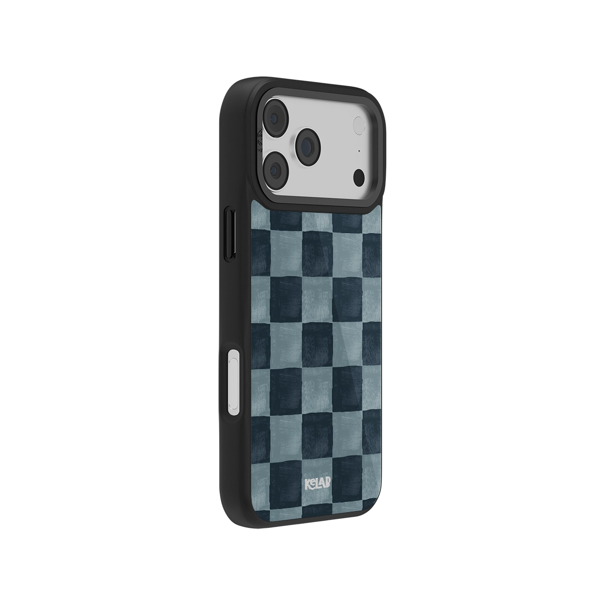 Blue checkered iPhone case with MagSafe, anti-slip texture, and drop protection edges.