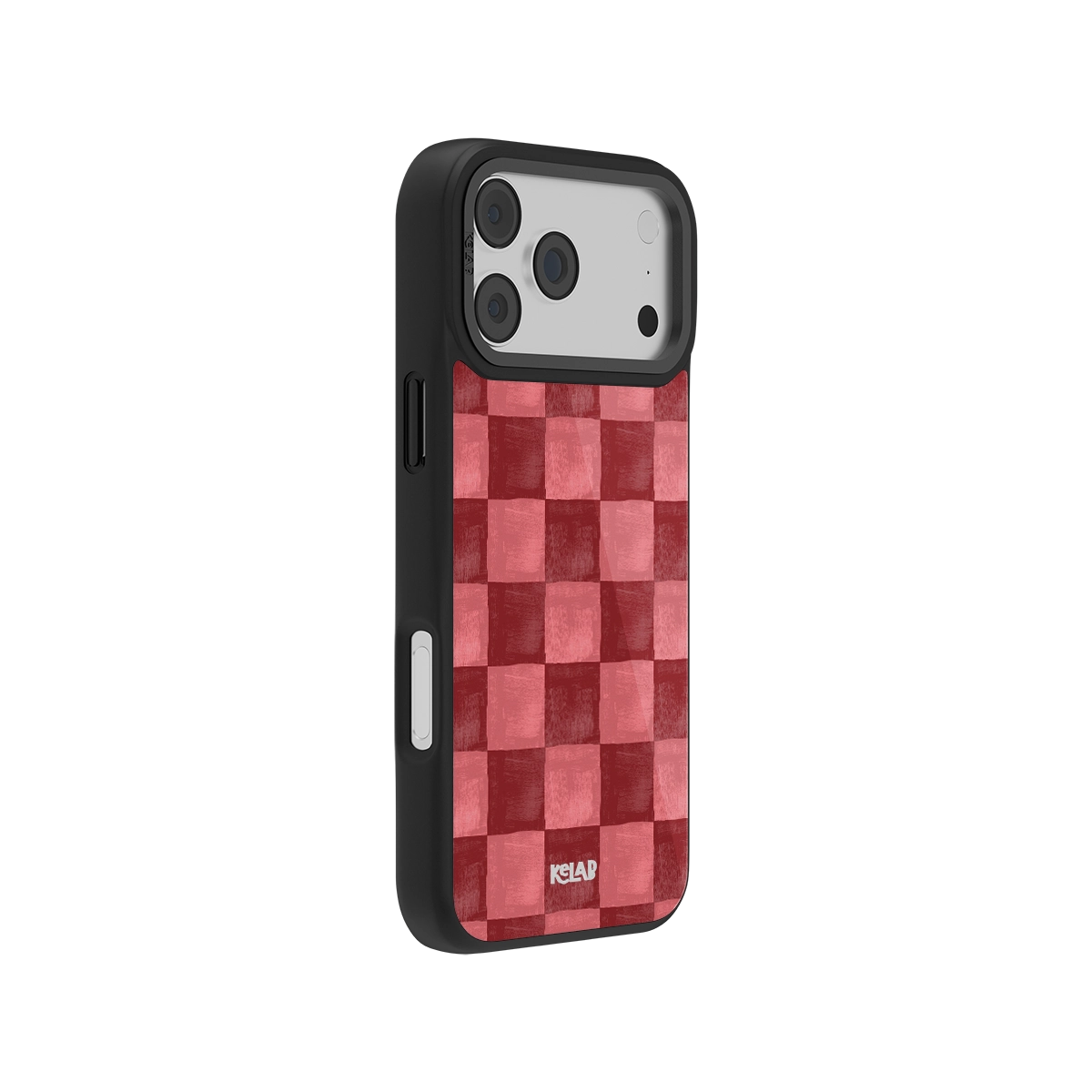 Red checkered iPhone case with MagSafe, black edges, anti-slip texture, and drop protection.
