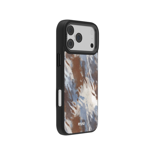 Side view of KELAB's Abstract Earthy Watercolor Phone Case showcasing its slim profile and artistic blend of earthy tones in a glossy finish.