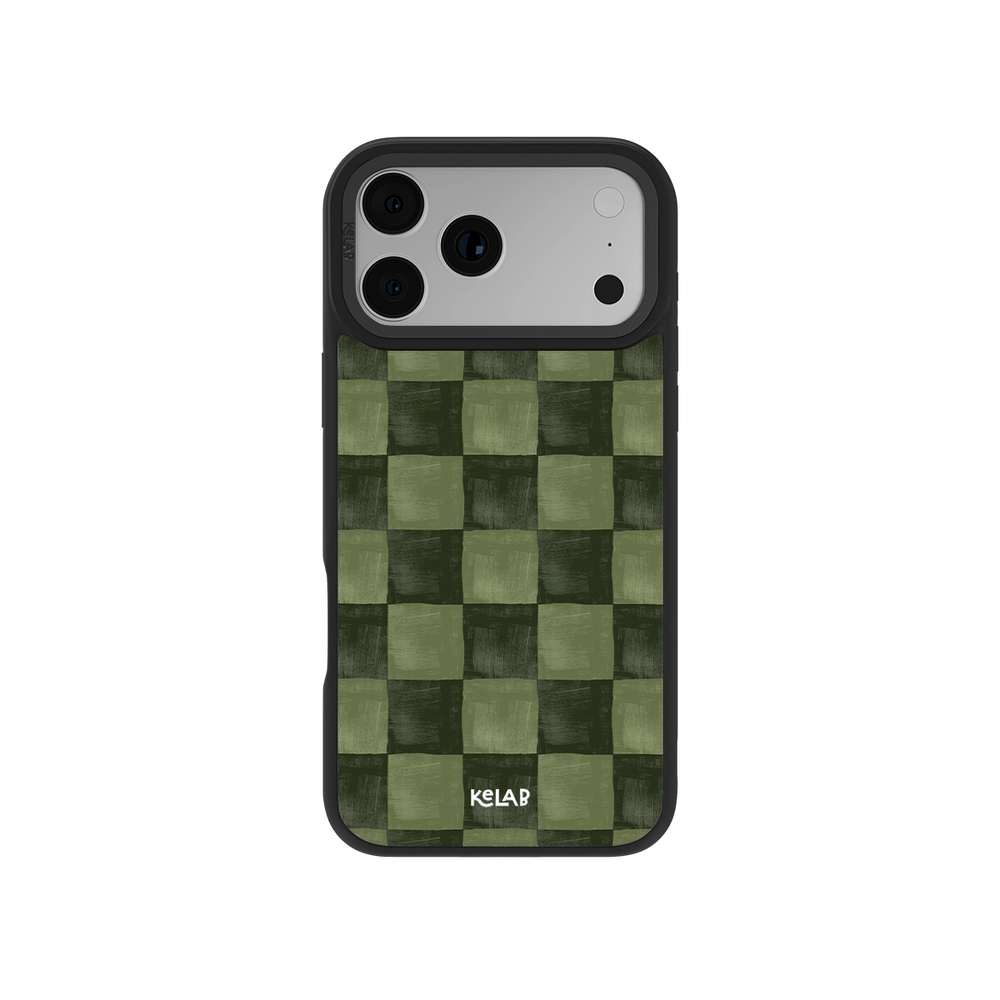 Green checkered iPhone case with MagSafe, anti-slip finish, and durable drop protection.