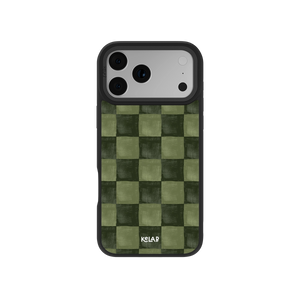 Green checkered iPhone case with MagSafe, anti-slip finish, and durable drop protection.