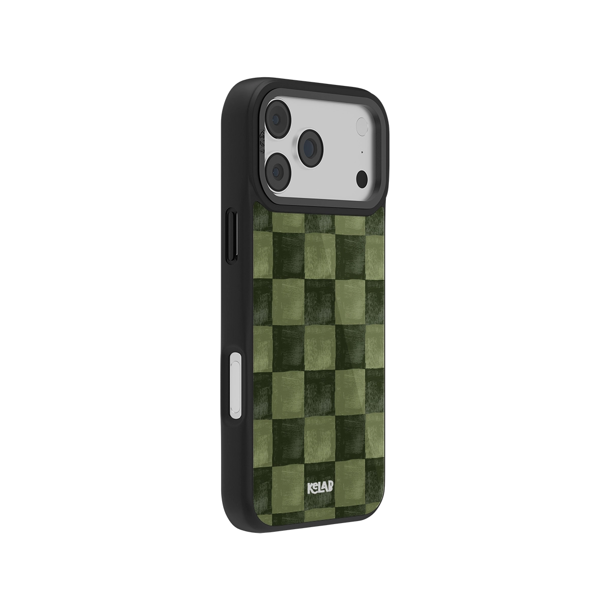 Green checkered iPhone case with MagSafe, anti-slip texture, and black drop protection edges.