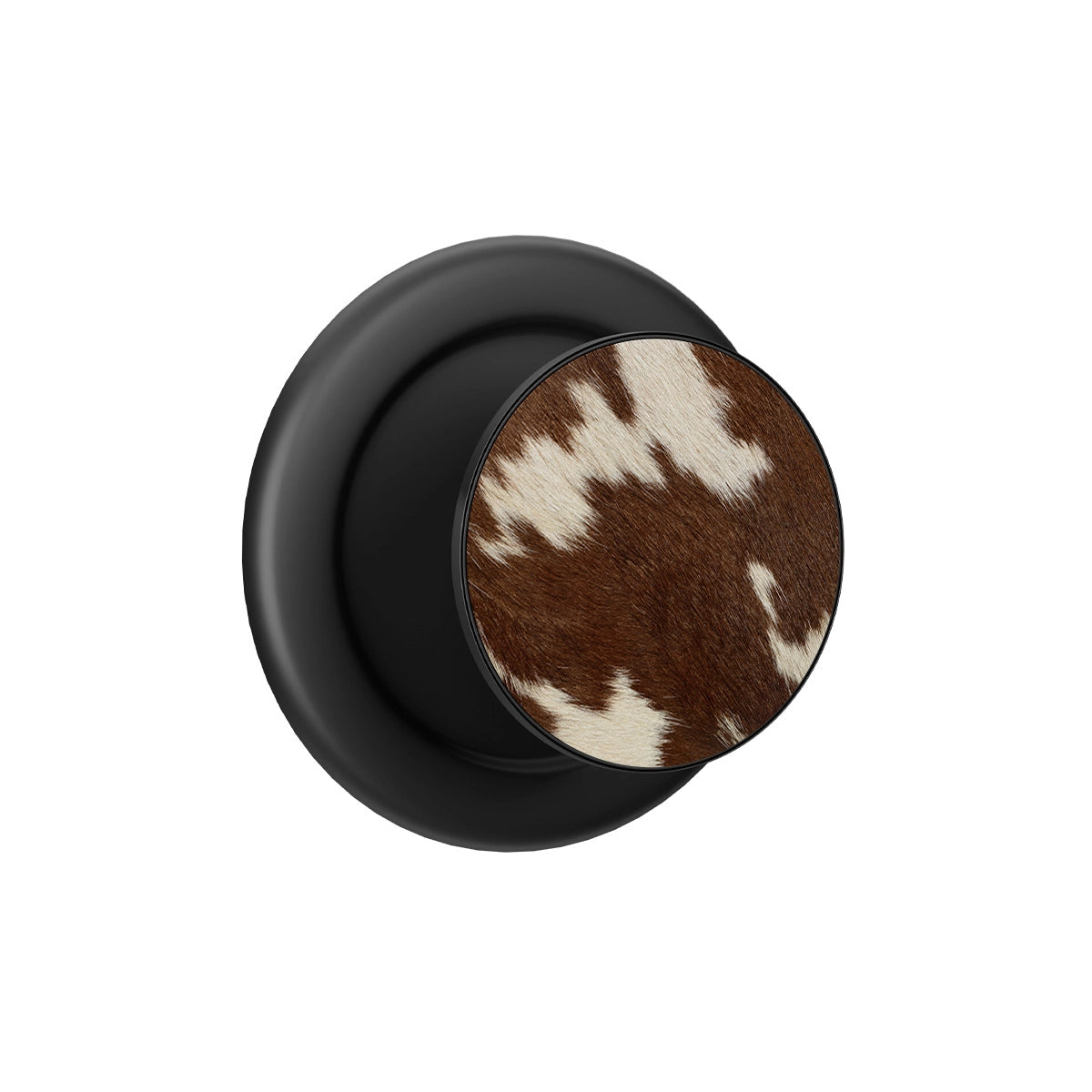 Brown cow print pop grip with black base featuring built-in strong magnets for MagSafe phone grip.